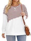 Plus Size Womens Tops Casual Striped Sweatshirts Comfy Long Sleeve T-Shirts Fashion Side-Split Tees 3XL red White