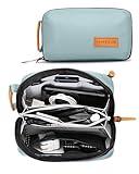 Tech Bag Organizer - Small Electronics Organizer Pouch for Travel - Premium Travel Case with Leather Accents - Mesh Pocket for Cables, Cords and Chargers (Dusty Teal)