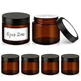 2 oz Glass Jars with Lids, 6 Pack Amber Glass Jars with Black Lids Leakproof Round Airtight Empty Cosmetic Travel Containers with Inner Liners For Lotions Powders and Candle Making