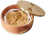 Round Wooden Roti/Tortilla/Flatbread Casserole Box with Stainless Steel (Gold Color) Lid, Measures 9-inches Wide x 3-inches Tall