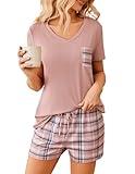 Ekouaer Womens Pajama Sets Short Sleeve Pajamas for Women Sets Soft Lounge Sets Casual V Neck Sleepwear PJS Pink Plaid