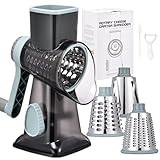 Rotary Cheese Grater with Handle Kitchen Shredder Slicer Grater Slicer Ice Shaver Cheese Vegetable Nuts Potato Zucchini Chocolate 3 Interchangeable Blades (GreyBlue)