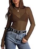 Mesh Shirtsfor Women 2024 Fall Fashion Layering Tops Long Sleeve Elegant Dressy Coffee S