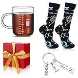 Teenyyou 3 Pcs Christmas Science Gift Set Including Glass Graduated Caffeine Beaker Mug Science Keychain and Socks for Holiday Xmas Scientist Physicist Chemist Biology Jewelry Science Lovers Gift