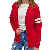 Hip Hop 50's Shop Women's V Neck Knit Varsity Cardigan Sweater Letterman Lightweight (Large, Red)