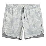 maamgic Mens Workout Shorts 2 in 1 Stretch 5" Gym Shorts Running Shorts with Compression Liner Zip Pocket Geometric White Large