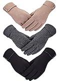 Patelai 3 Pairs Womens Gloves Winter Touchscreen Texting Phone Windproof Gloves Fleece Lined Cold Weather Warm Gloves (Black, Gray, Khaki)