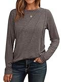 AUTOMET Womens Long Sleeve Shirts Pleated Crew Neck Casual Fall Fashion Tops Loose Fit Lightweight Girls Outfits Clothes CoffeeGrey L