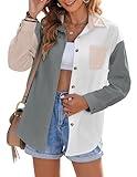 Zeagoo Womens Color Block Linen Button Down Shirts Long Sleeve Oversized Boyfriend Blouses 100% Cotton Top C Grey