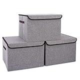 Bagnizer Large 17" 42 Quarts Collapsible Stackable Storage Bins with Lids [3-Pack] Foldable Fabric Linen Storage Boxes Cube, Closet Organizer Baskets with Label for Home (16.7 x 12 x 12, Gray)