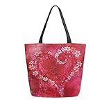 Naanle Valentine's Day Canvas Tote Bag Large Women Casual Shoulder Bag Handbag, Floral Love Heart Reusable Multipurpose Heavy Duty Shopping Grocery Cotton Bag for Outdoors.