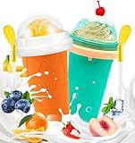 Slushie Cup, 2 Pack Frozen Magic Slushy Cup, Reusable Slushie Maker Cup for Juice Milk Yogurt, DIY Slushy Maker Cups with Lid & Straw for Kids Friends Family (New Green+Orange)