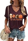 Tis The Season V Neck Shirt Women Halloween Pumpkin Leaf Latte Thanksgiving Football T-Shirt Fall Game Day Causal Tee Tops(L,05-purple3)