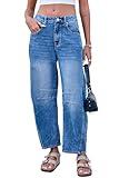 GREAIDEA Mid Rise Barrel Jeans for Women Wide Leg Mid Waist Cropped Denim Pants Y2k Baggy Boyfriend Jeans with Pockets Dark Blue