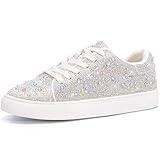 Suokdil Sparkle Rhinestone Sneakers for Women - Bling Fashion Glitter Bedazzled Platform Tennis Shoes - White, Bride Sequin Wedding and Party Trendy Shoe 9