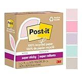 Post-it 100% Recycled Paper Super Sticky Notes 2X The Sticking Power 3x3 in 5 Pads 70 Sheets/Pad Wanderlust Pastels Collection (654R-5SSNRP)