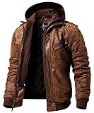 FLAVOR Men's Leather Motorcycle Jacket With Removable Hood Brown Pigskin (4X Big Tall, Brown)