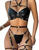 Lilosy Women Sexy Chain Strappy Underwire O Ring Push Up Garter Belt Chocker Lingerie Set Latex Harness Bra and Panty 3 Piece Leather Black Medium