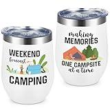 Qtencas Camper Gifts for Couples, Happy Campers Campfire Wine Tumbler Set of 2, Camping Wine Glass for Women Men, Insulated Stainless Steel, Birthday Christmas Gifts for Outdoors, Picnic, 12oz White