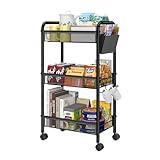 Simple Trending 3 Tier Rolling Storage Cart on Wheels, Utility Organizer Shelves with Box and Hooks for Kitchen Bathroom, Metal Mesh Black