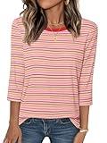 MEROKEETY Women's 2025 Casual 3/4 Sleeve Tops Blouse Crewneck Colorful Striped Fall Loose Shirt, Pink, Large