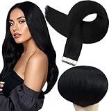 Full Shine Human Hair Tape in Hair Extensions 20 Inch Human Hair Extensions Tape in Remy Real Hair 50 Gram Color 1 Jet Black Seamless Extensions, 20 Pcs Silky Straight Brazilian Hair Natural