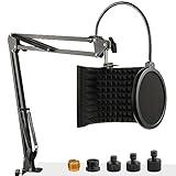 Microphone Isolation Shield with Mic Stand and Pop Filter, Foldable Sound Shield for Most Condenser Microphone Recording Equipment Studio, High Density Absorbent Foam to Filter Vocal by Frgyee