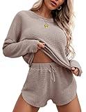 Ekouaer Womens Waffle Knit Pajama Sets Long Sleeve Top and Shorts Matching Lounge Set Sleepwear Loungewear Sweatsuit with Pockets A-Light Khaki Small