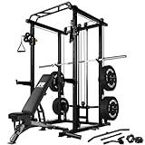 RitFit Multi-Function Garage & Home Gym Package Includes 1000LBS Power Cage PPC03 with Cable Crossover System, Weight Bench, Olympic Barbell Weight Set, Full Body Workout-BLK,Bumper Plate 230lbs