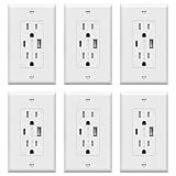 TOPGREENER USB Outlet, Type C & Type A USB Wall Charger Outlet, 15 Amp TR Receptacle Plug, Charging Power Outlet with USB Ports, Wall Plate Included, UL Listed, TU21536AC-W-6PCS, White, 6 Pack