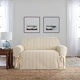 SureFit Heavyweight Cotton Duck Loveseat Slipcovers, Printed Heavyweight Cotton Loveseat Cover, One Piece Design, Loveseat Cover with Seat Elastic and Adjustable Corner Ties, Natural with Blue Stripe