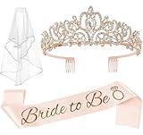 JETKONG 3 Pcs Bachelorette Party Decorations Bridal Shower Crown, Bride to Be Sash&Veil for Women Bachelorette Party Gifts, Bachelorette Party Supplies, Gifts, Favors (Rose Gold)