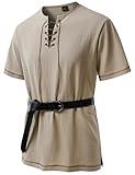 JEMITOP Men's Renaissance Costume Retro Short Sleeves Lace Up Shirts Tunic for Pirate Viking Medieval Halloween Cosplay Without Belt Khaki M