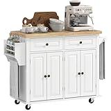 HOMCOM Kitchen Island Cart with Rubber Wood Top, Rolling Kitchen Island Table on Wheels with Drawers, Adjustable Shelves, Spice Rack and Towel Rack for Dining Room, White