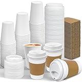 Ginkgo 100 Pack 12 oz Leak-Proof Coffee Cups with Lids and Sleeves Disposable Paper To Go Hot Travel Coffee Cups, Hot Chocolate, Cocoa, Coffee Bar Supplies