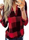 Dokotoo Womens Plus Size Spring Summer Fall Fashion Casual Ladies Basic Cotton Cuffed 3/4 Long Sleeve Plaid Print V Neck Work Tops Tunic Blouses T Shirts for Women 2025