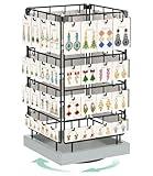 EsLuker.ly Rotating Earring Display Holder Stand for Vendors Events Selling, Large Capacity 64 Hooks Jewelry Rack with Wooden Base for Earring Card Sales, Enhances Retail Visibility (Light Grey)
