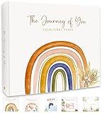 Baby Memory Book for Girl or Boy - First 5 Years Unisex Boho Rainbow Keepsake Journal to Record Newborn 1st Milestones - Gender Neutral Photo Album Scrapbook for Baby Shower - Pregnant New Mother Gift