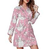 TZTTZT Long Sleeve Short Robes for Women, Cute Rabbit Pink Flower Soft Belted Bathrobe Nightgown Sleepwear Loungewear