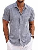 COOFANDY Men's Casual Shirts Button Down Linen Shirt Short Sleeve Cotton Linen Shirts for Men Summer Beach Yoga T Shirts Dark Blue Grey