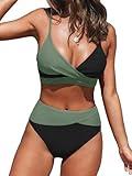 CUPSHE Bikini Sets for Women Two Piece Swimsuits High Waisted Twist Front Adjustable Spaghetti Straps V Neck Back,M Black/Green