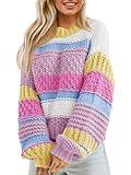 Saodimallsu Womens Color Block Sweater Striped Chunky Knit Cropped Sweaters Crewneck Fall Long Sleeve Loose Pullover Tops Pink