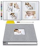 Popotop Photo Album Self Adhesive with Picture Display Window,40 Pages DIY Baby Memory Book for 4x6 8x10 Picture,Linen Cover Scrapbook for Wedding,with Scraper and Metallic Pen