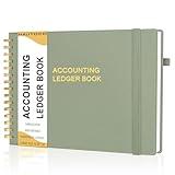 HAUTOCO Hardcover Accounting Ledger Book for Small Business Bookkeeping Horizontal Money Expense Tracker Notebook with 2 Storage Pouch, Personal Columnar Log Journal 10.78 x 8'', Olive Green