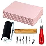 Oopsu 4 Pack Rubber Block Stamp Carving Blocks with Cutter Tools and Rubber Brayer Roller for Printmaking and More Crafts