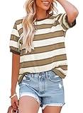 Dokotoo Shirts for Women Summer Tops 2025 Striped Color Block Short Sleeve Women's T-Shirts Crewneck Casual Womens Cotton Tshirts Loose Soft Basic Tee Blouses Trendy Clothes Outfits Khaki Small