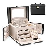 Vlando Mirrored Jewelry Box Organizer, Leather Jewelry Storage Case, Necklaces Earrings Rings Brackets Box Holder, Black