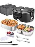 Buddew Electric Lunch Box 80W Food Heater with Dual Container, Portable Lunch Warmer for Adults, Upgraded Heated Lunch Box for Car/Truck/Office with SS Fork&Spoon and Insulated Carry Bag (Black)