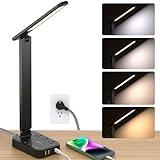 Addtam LED Desk Lamp, Power Strip with 3 Outlets 4 USB Charging Ports(2 USBC), 4 Modes 5 Level Brightness Touch Lamp, Small Desk Lamp for Home Office College Dorm Room Essentials