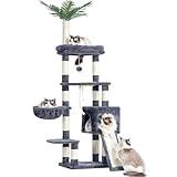 Heybly Cat Tree,Cat Tower for Indoor Cats, 65.4 inches Cat Condo with Perches, Basket, Feeding Bowl Station, Multi-Level Plush Furniture with Scratching Posts, Smoky Gray HCT015G